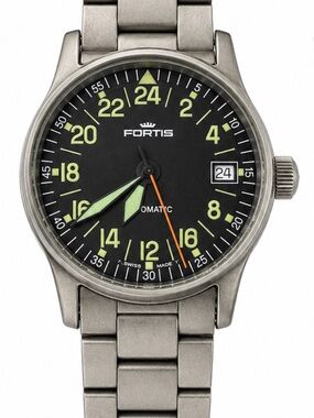 Fortis Stainless Pilot Watch with Black Dial and Green Lume